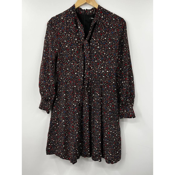 Madewell Women's Dress 2 Silk Balsam Tie Neck Mini Bow Pleated Starry‎ Black - Picture 2 of 11
